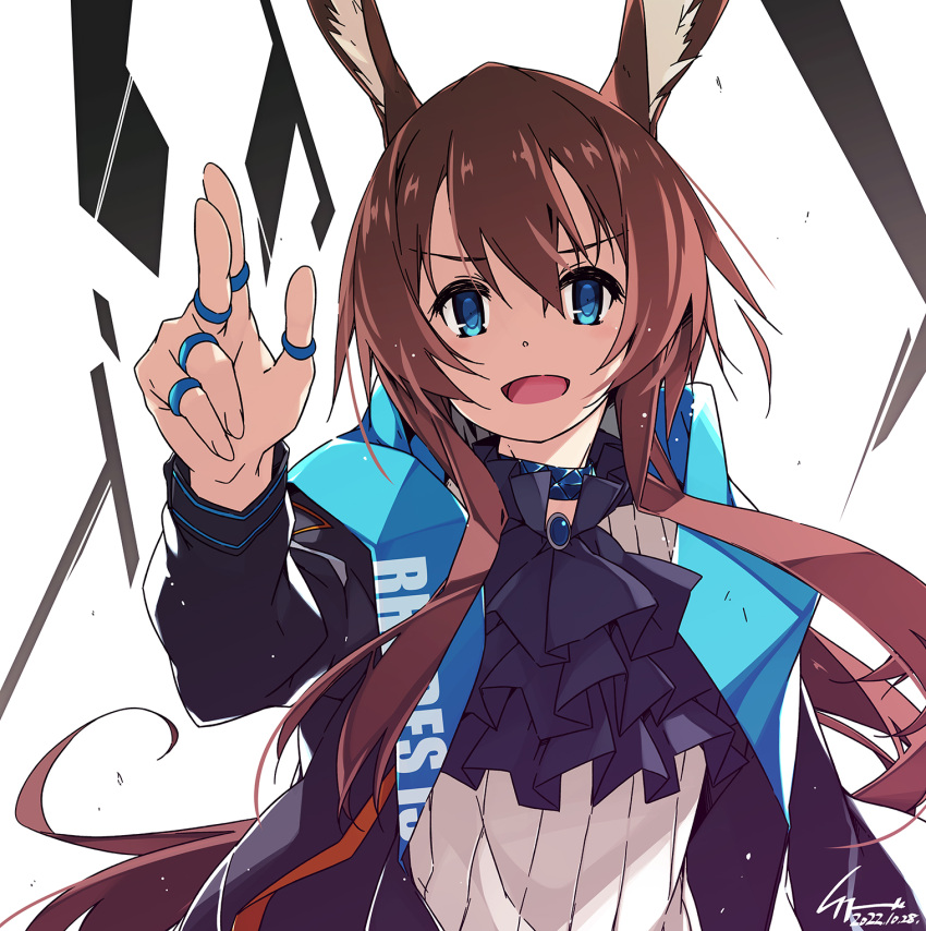 1girl amiya_(arknights) animal_ears arknights ascot bangs black_ascot black_jacket blue_eyes brown_hair frilled_ascot frills hair_between_eyes highres hood hooded_jacket jacket jewelry long_hair long_sleeves looking_at_viewer multiple_rings neck_ring open_clothes open_jacket open_mouth rabbit_ears revision ring shikei solo thumb_ring upper_body