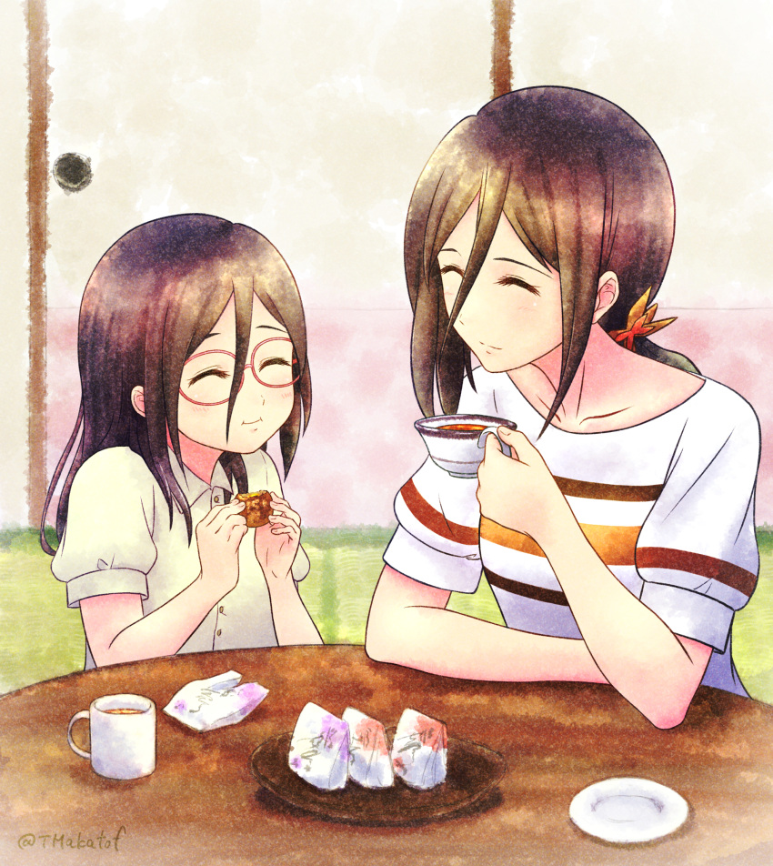 2girls bangs black_hair blush closed_eyes closed_mouth cup eating food glasses hand_up hibike!_euphonium highres holding holding_cup holding_food indoors kyoto_animation long_hair mother_and_daughter mug multiple_girls pink-framed_eyewear ponytail shirt short_sleeves sitting smile table tanaka_asuka tanaka_asumi tmakatof white_shirt