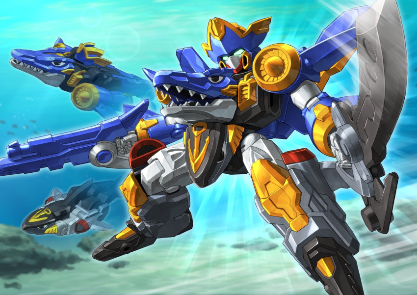 alkham deforme_gattai dual_wielding glowing glowing_eyes green_eyes gun head_tilt highres holding holding_gun holding_sword holding_weapon lens_flare mecha mosarodon no_humans robot science_fiction solo_focus sword underwater weapon