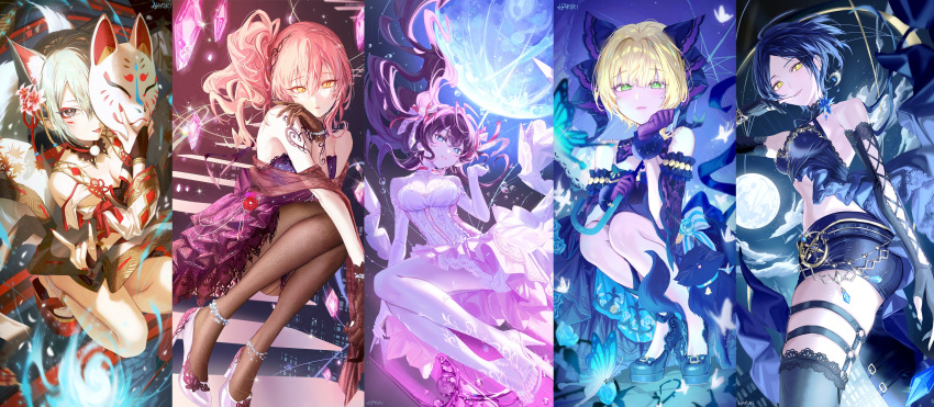 5girls absurdres blue_butterfly bridal_gauntlets bug butterfly column_lineup crystal elbow_gloves fox_mask fox_shadow_puppet full_body gloves haruri hayami_kanade high_heels highres ichinose_shiki idolmaster idolmaster_cinderella_girls idolmaster_cinderella_girls_starlight_stage jougasaki_mika lipps_(idolmaster) looking_at_viewer mask miyamoto_frederica moon multiple_girls platform_footwear shiomi_syuko sitting stairs