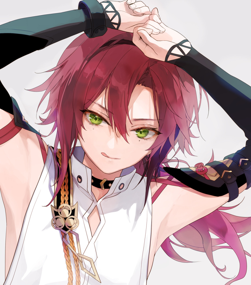 1boy 888myrrh888 :q arms_up bangs bare_shoulders black_sleeves closed_mouth commentary_request detached_sleeves genshin_impact green_hair grey_background hair_between_eyes highres long_hair long_sleeves looking_at_viewer male_focus mole mole_under_eye parted_bangs red_hair shikanoin_heizou shirt simple_background sleeveless sleeveless_shirt sleeves_past_wrists smile solo tongue tongue_out upper_body