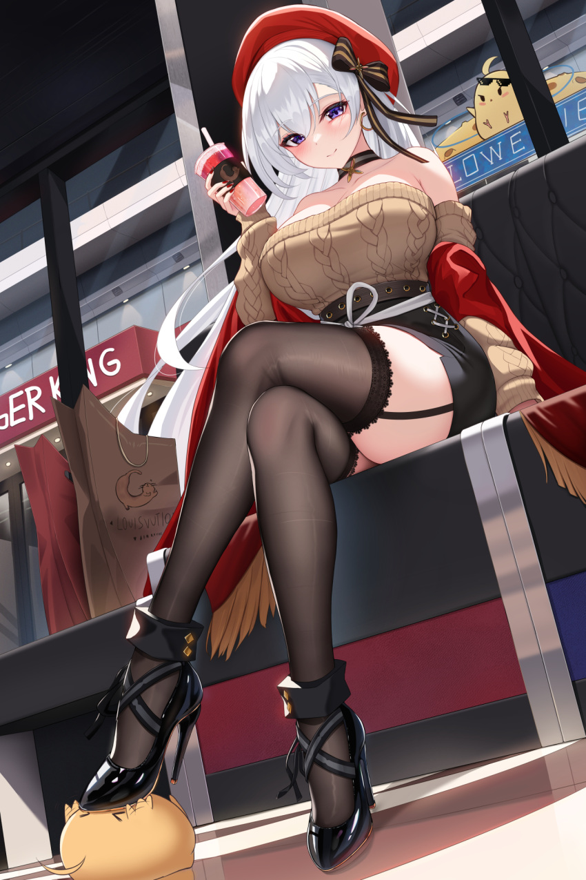 1girl azur_lane bag bangs bare_shoulders belfast_(azur_lane) belfast_(shopping_with_the_head_maid)_(azur_lane) black_bow black_choker black_footwear black_skirt blush bow breasts brown_sweater brown_thighhighs choker closed_mouth crossed_legs cup damao_yu disposable_cup from_below full_body garter_straps hair_between_eyes hair_bow hat high_heels highres holding holding_cup lace-trimmed_legwear lace_trim large_breasts long_hair long_sleeves looking_at_viewer manjuu_(azur_lane) miniskirt off-shoulder_sweater off_shoulder official_alternate_costume purple_eyes red_headwear red_nails sitting skirt smile solo sweater thighhighs very_long_hair white_hair