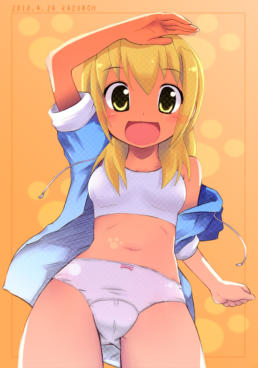 :d blonde_hair bow bow_panties bra cameltoe fat_mons hidamari_sketch highres kazuboh lingerie looking_at_viewer md5_mismatch miyako navel no_pants off_shoulder open_clothes open_mouth panties paw_print shading_eyes sleeves_rolled_up smile solo sports_bra tan underwear white_bra white_panties yellow_eyes