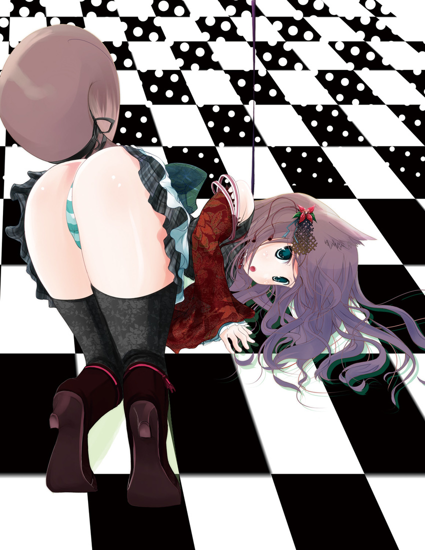 animal_ears ass bent_over checkered checkered_floor dog_ears highres long_hair looking_back ooka_(skavler) original panties perspective plaid purple_hair solo striped striped_panties tail thighhighs top-down_bottom-up underwear upskirt