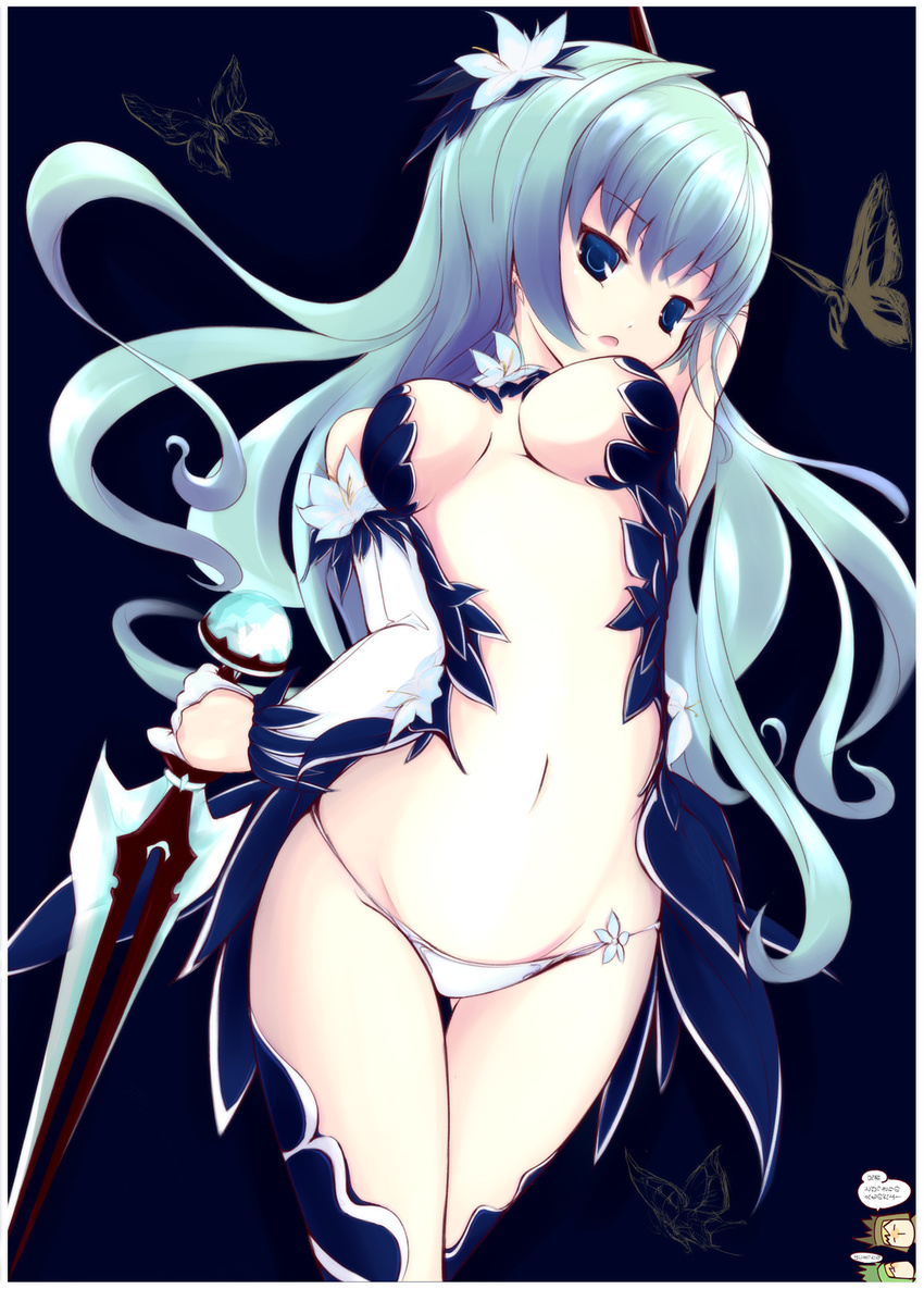 bad_id bad_pixiv_id beruchin_(incentive) blue_eyes blue_hair breasts bug butterfly elbow_gloves fantasy_earth_zero flower gloves hair_flower hair_ornament highres insect large_breasts long_hair navel open_mouth panties solo standing sword underwear weapon
