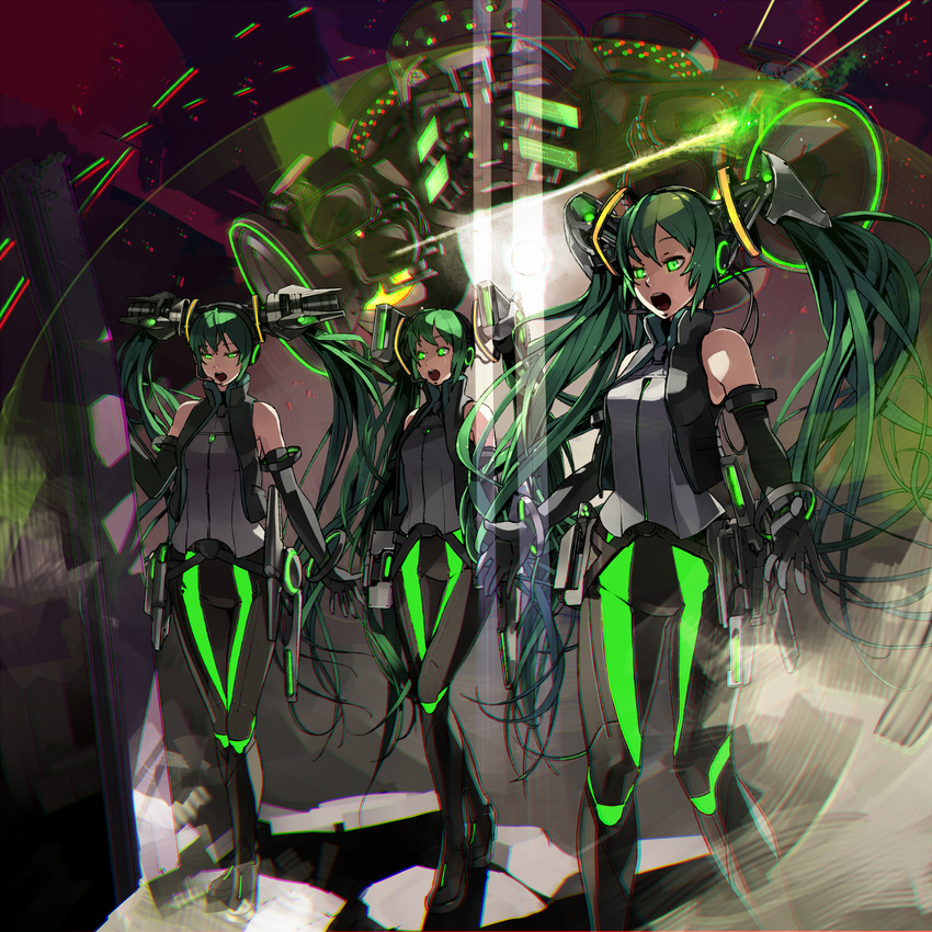 clone elbow_gloves gloves glowing glowing_eyes green_eyes green_hair hatsune_miku headgear highres long_hair multiple_girls neon_trim open_mouth pants shihou_(g-o-s) twintails very_long_hair vocaloid
