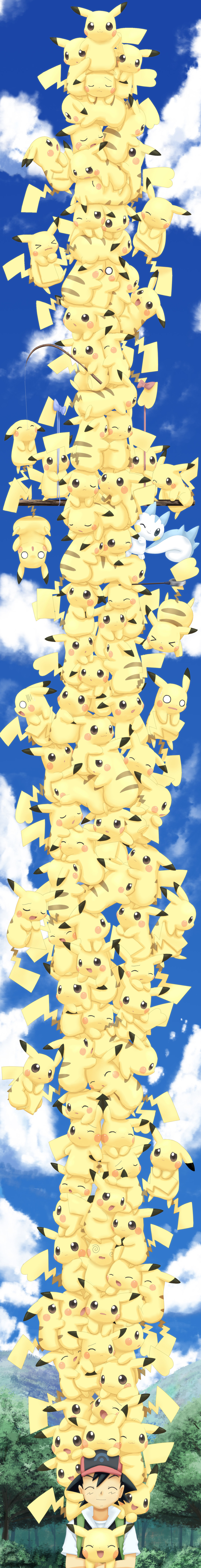 :3 absurdres bow closed_eyes fishing_rod forest gen_1_pokemon gen_4_pokemon hanging happy highres holding holding_fishing_rod human_tower long_image nature o_o odd_one_out pachirisu pemyu pikachu pokemon pokemon_(anime) pokemon_(creature) satoshi_(pokemon) sexual_dimorphism smile stacking sweatdrop tail tail_bow tall_image too_many too_many_pikachu worried
