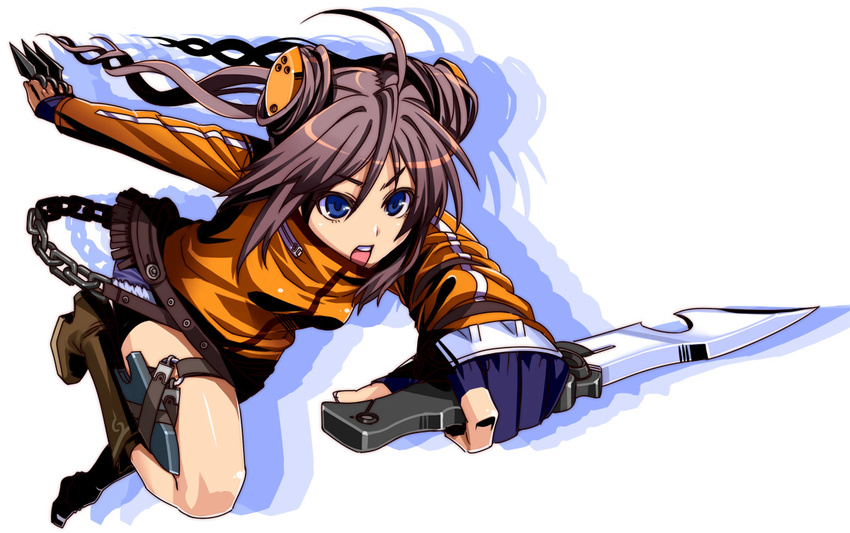 ahoge blue_eyes boots brown_hair chain drill_hair fingerless_gloves foreshortening fujimon gloves jacket knife kunai original reverse_grip running shorts simple_background solo thigh_strap track_jacket weapon