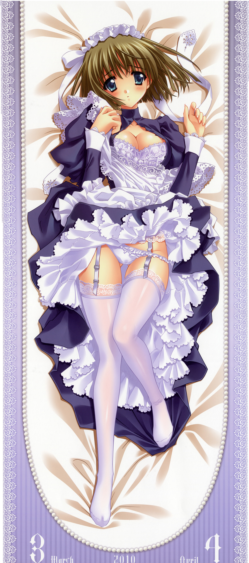 2010 absurdres apron breasts brown_hair carnelian cleavage copyright_request dakimakura dress full_body garter_straps highres maid maid_headdress medium_breasts open_clothes open_shirt panties scan shirt short_hair solo thighhighs underwear white_legwear