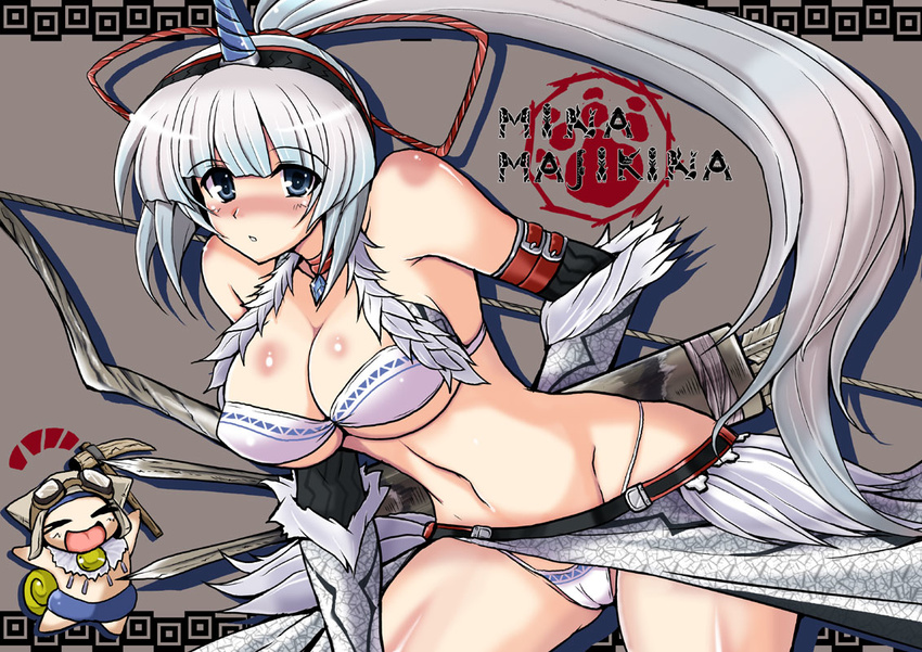 blue_eyes blush bow_(weapon) breasts cameltoe capcom champuru cleavage cosplay embarrassed felyne goggles hairband horn jewelry kirin_(armor) large_breasts majikina_mina monster_hunter navel necklace panties pickaxe ponytail samurai_spirits snk toned underboob underwear weapon white_hair yasakani_an