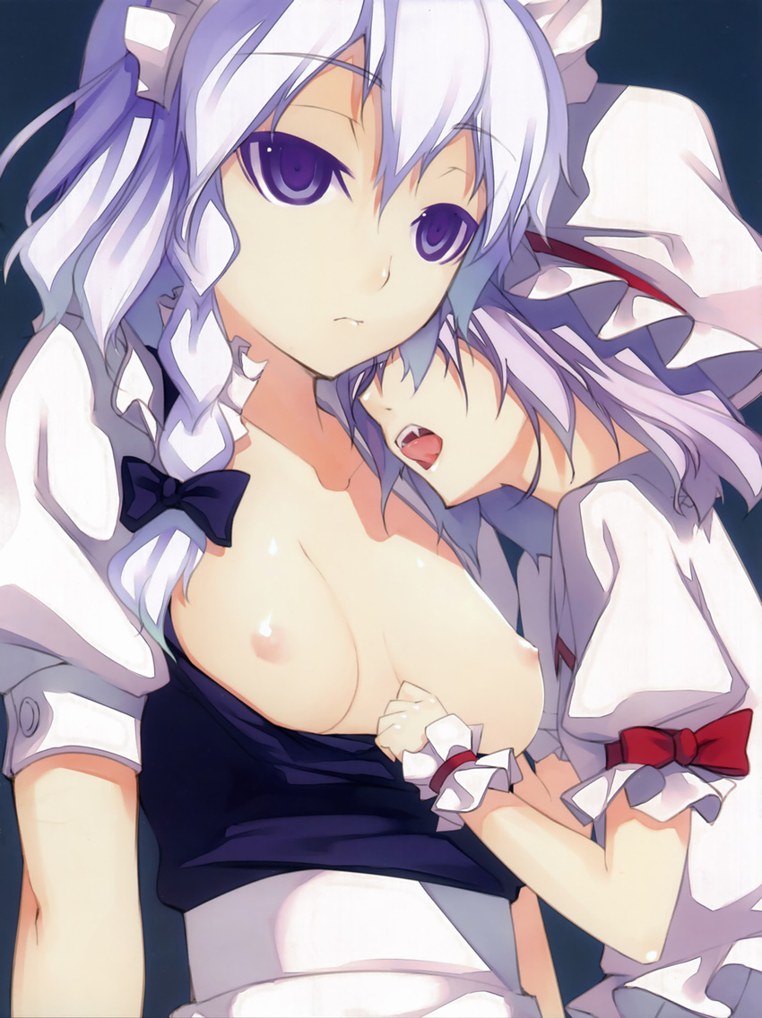 bow braid breasts expressionless fangs hair_bow hat highres izayoi_sakuya lavender_eyes lavender_hair maid multiple_girls nipples open_mouth remilia_scarlet shingo_(missing_link) shirt_pull short_hair small_breasts tongue touhou twin_braids vampire wrist_cuffs yuri