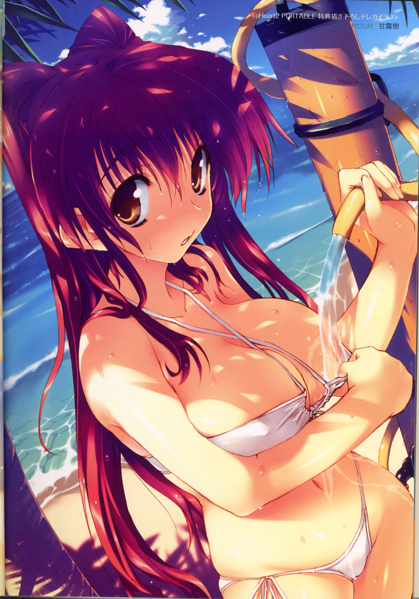 absurdres amazuyu_tatsuki areola_slip areolae artist_name bangs bathing beach bikini bikini_pull blush breasts brown_eyes caustics cleavage cloud copyright_name cowboy_shot criss-cross_halter dappled_sunlight day dutch_angle fisheye from_side groin hair_between_eyes hair_over_shoulder halter_top halterneck hand_up highres hips holding_hose hose kousaka_tamaki large_breasts long_hair looking_at_viewer navel ocean official_art outdoors palm_tree parted_lips pole pulled_by_self red_hair scan shade side-tie_bikini sideboob skindentation sky solo standing sunlight swimsuit thighhighs to_heart_2 to_heart_2_portable tree tree_shade twintails very_long_hair water wet wet_clothes wet_hair white_bikini
