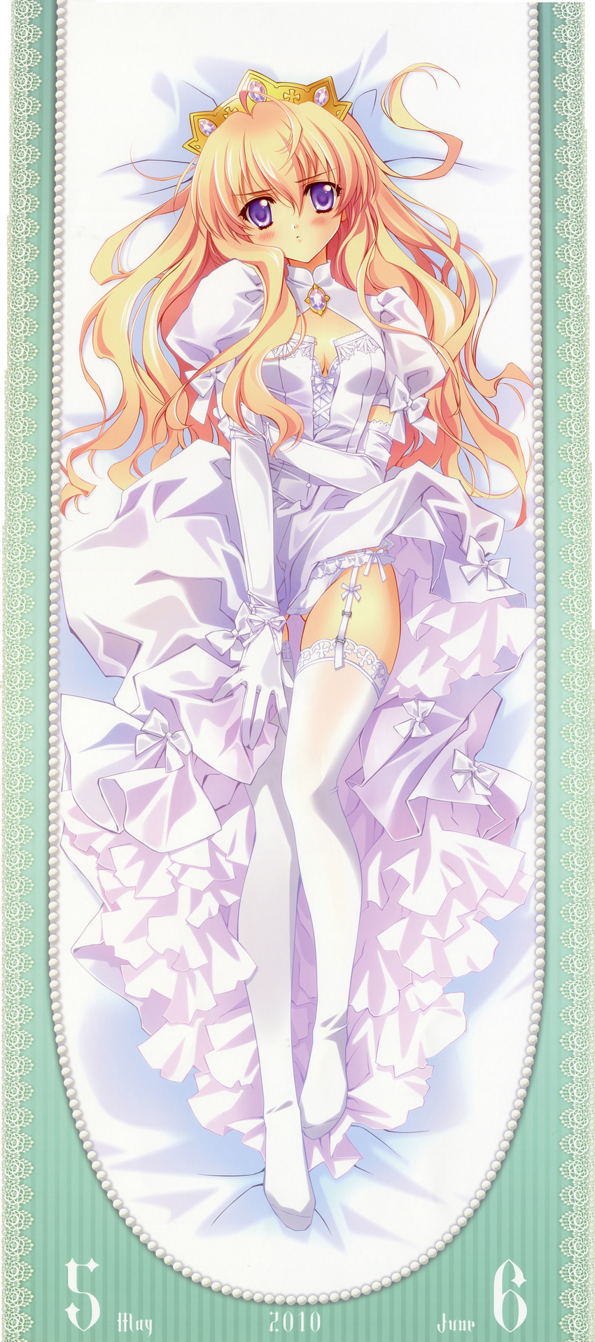 2010 absurdres blonde_hair blush carnelian crown dakimakura dress full_body gloves gown highres june long_hair may original panties princess purple_eyes solo thighhighs underwear white_gloves white_legwear white_panties