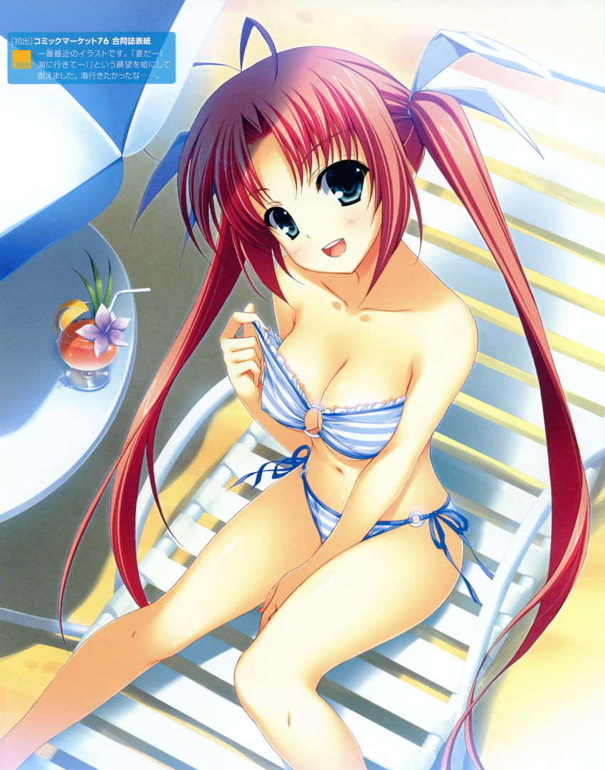 ahoge antenna_hair aqua_eyes bandeau beach bikini bikini_pull breasts chair cleavage covered_nipples day drink drinking_straw flower from_above hair_ribbon head_tilt highres large_breasts long_hair looking_at_viewer looking_up lounge_chair navel o-ring o-ring_bottom o-ring_top open_mouth original parasol red_hair ribbon side-tie_bikini smile solo striped striped_bikini swimsuit tropical_drink twintails umbrella yuuki_hagure