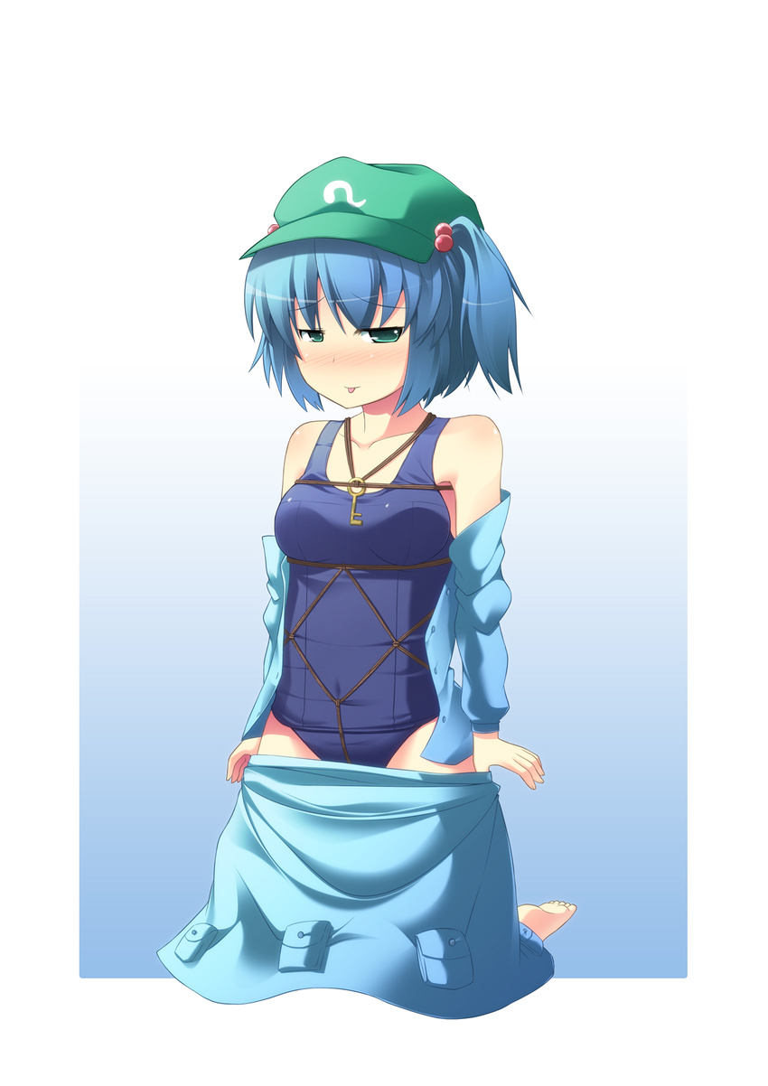 aoinu bare_shoulders bdsm blue_hair blush bondage bound bow crotch_rope green_eyes hair_bow hat highres kawashiro_nitori key naughty_face one-piece_swimsuit open_clothes open_shirt rope school_swimsuit shibari shibari_over_clothes shibari_under_clothes shirt short_hair skirt skirt_pull solo swimsuit swimsuit_under_clothes tongue touhou twintails two_side_up undressing