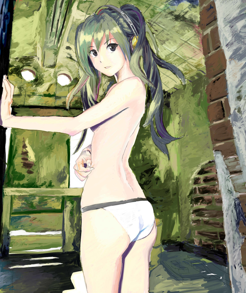 ass back bad_id bad_pixiv_id black_eyes faux_traditional_media from_behind green_hair hatsune_miku headphones highres long_hair looking_back open_mouth panties scratching shuku solo standing topless twintails underwear vocaloid white_panties
