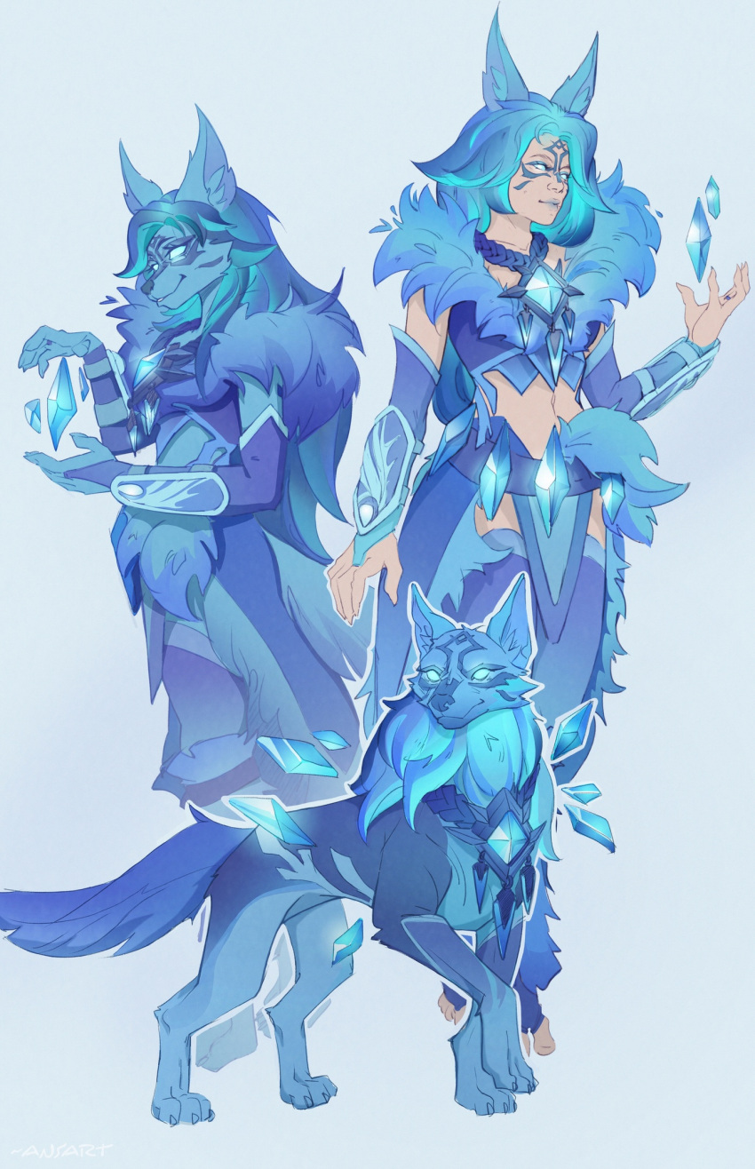 accessory ansart anthro armor belt blue_body blue_fur blue_hair canid canine canis clothing coat crystal crystal_maiden_wolf_persona dota female feral fur group hair hi_res human ice jewelry long_hair mammal necklace robe rylai_the_crystal_maiden topwear transformation trio video_games wolf