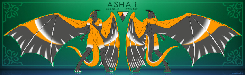 2022 absurd_res anthro artist_name ashar black_horn color_swatch dated dragon featureless_crotch front_view grey_body grey_wings hi_res horn male membrane_(anatomy) membranous_wings model_sheet mouth_closed nude orange_eyes rear_view simple_background slash_freezen solo standing striped_wings stripes white_body white_stripes white_wings wings yellow_body yellow_wings