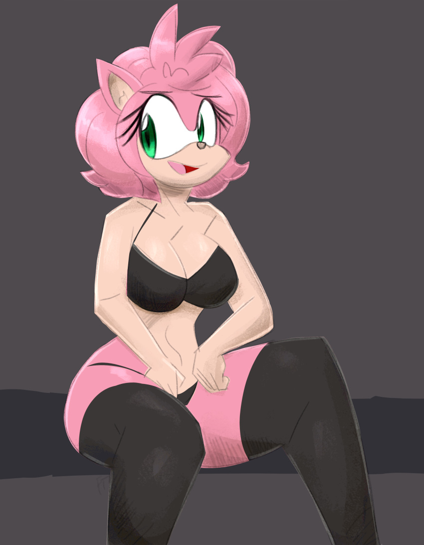 2022 absurd_res amy_rose anthro big_breasts black_bra black_clothing black_panties black_underwear bra breasts clothing digital_media_(artwork) eulipotyphlan eyelashes female fingers flutterthrash green_eyes hair hedgehog hi_res legwear mammal navel open_mouth open_smile panties pink_body pink_hair sega simple_background sitting smile solo sonic_the_hedgehog_(series) stockings tan_body tan_skin underwear