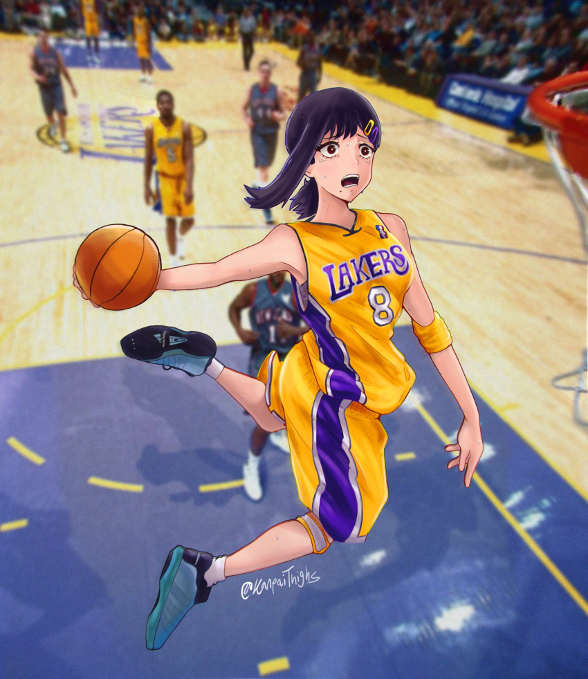 1girl ball basketball basketball_court basketball_hoop basketball_jersey basketball_uniform black_hair blurry blurry_background chainsaw_man cosplay hair_ornament hairclip higashiyama_kobeni highres holding holding_ball jersey jumping kanpaithighs kobe_bryant kobe_bryant_(cosplay) los_angeles_lakers medium_hair mole mole_under_eye mole_under_mouth multiple_moles name_connection national_basketball_association nervous open_mouth photo-referenced photo_background playing_sports pun real_life shoes short_ponytail shorts side_ponytail slam_dunk_(basketball) sneakers solo_focus sportswear sweatband twitter_username yellow_shorts