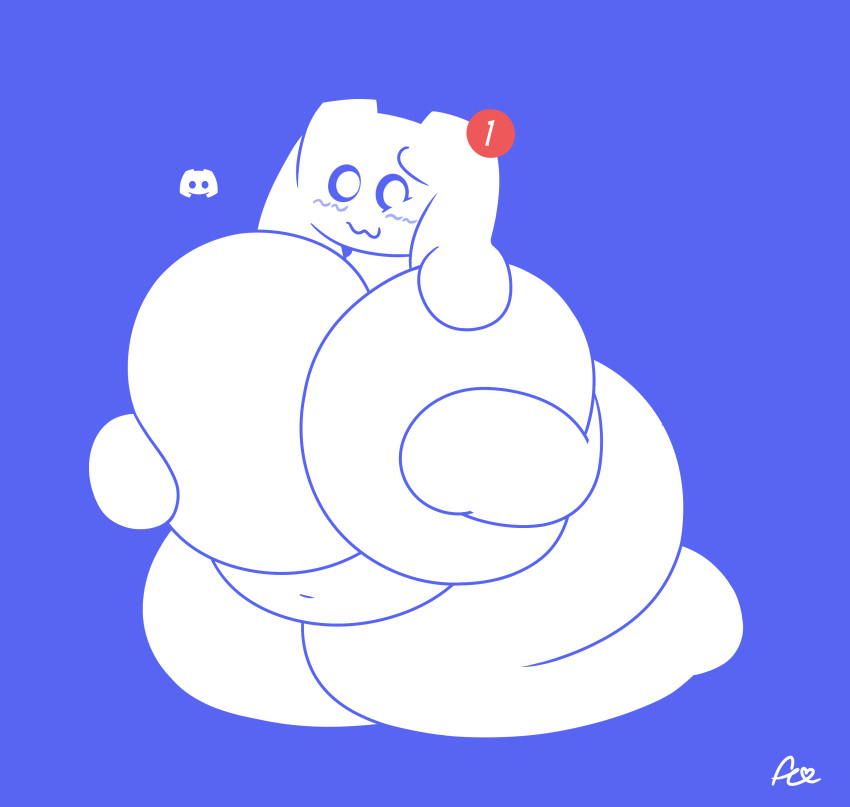 2022 :3 absurd_res anthro anthrofied belly big_breasts blue_background blush breasts clyde_(discord) covering covering_breasts covering_self digital_media_(artwork) discord_(app) embarrassed eyebrows female flat_colors floppy_ears flowerycubey hi_res holding_breast huge_breasts huge_hips huge_thighs hyper hyper_breasts kneeling logo_(species) looking_at_viewer navel nervous nervous_smile notification nude pinup pose raised_eyebrow signature simple_background slightly_chubby solo thick_thighs white_body