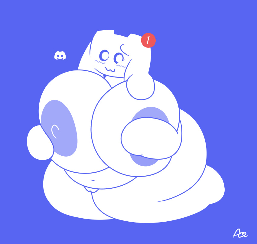 2022 :3 absurd_res anthro anthrofied areola belly big_areola big_breasts blue_areola blue_background blue_nipples blush breasts clyde_(discord) covering covering_breasts covering_self digital_media_(artwork) discord_(app) embarrassed eyebrows female flat_colors floppy_ears flowerycubey genitals hi_res holding_breast huge_areola huge_breasts huge_hips huge_thighs hyper hyper_breasts kneeling logo_(species) looking_at_viewer navel nervous nervous_smile nipples notification nude pinup plump_labia pose pussy raised_eyebrow signature simple_background slightly_chubby solo thick_thighs white_body