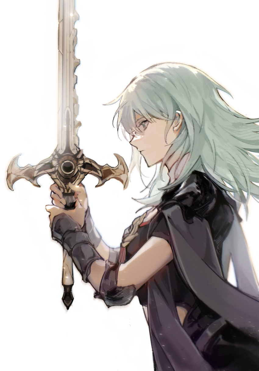 1girl byleth_(fire_emblem) byleth_(fire_emblem)_(female) enlightened_byleth_(female) fire_emblem fire_emblem:_three_houses from_side green_eyes green_hair highres holding holding_sword holding_weapon mika_winter profile sword sword_of_the_creator weapon white_background