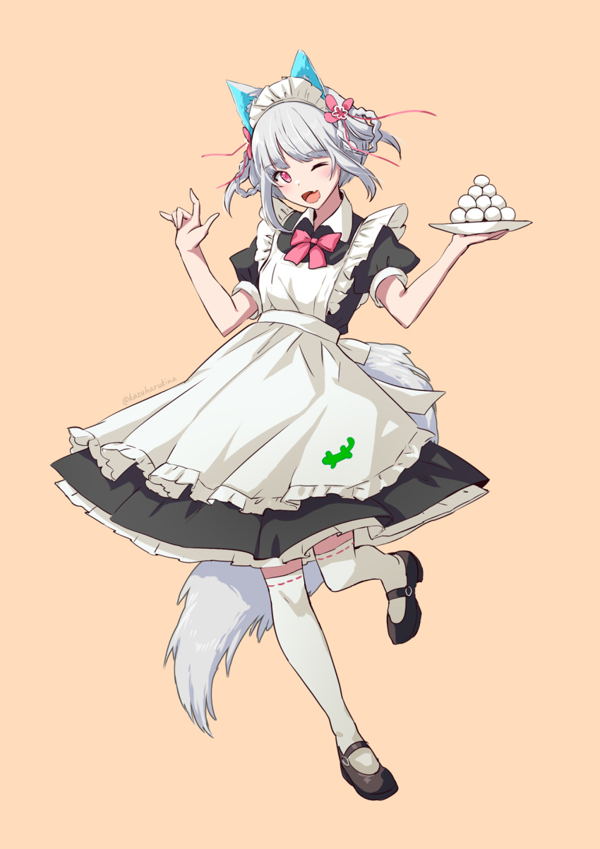 1girl ;d alternate_costume animal_ears apron black_dress black_footwear bow brown_background collared_dress copyright_request dango dress enmaided fang food frilled_apron frills full_body grey_hair hands_up highres holding holding_plate kazuharu_kina looking_at_viewer maid maid_apron maid_headdress one_eye_closed pink_bow plate puffy_short_sleeves puffy_sleeves red_eyes ribbon-trimmed_legwear ribbon_trim shoes short_sleeves simple_background smile solo standing standing_on_one_leg tail thighhighs twitter_username virtual_youtuber wagashi white_apron white_thighhighs