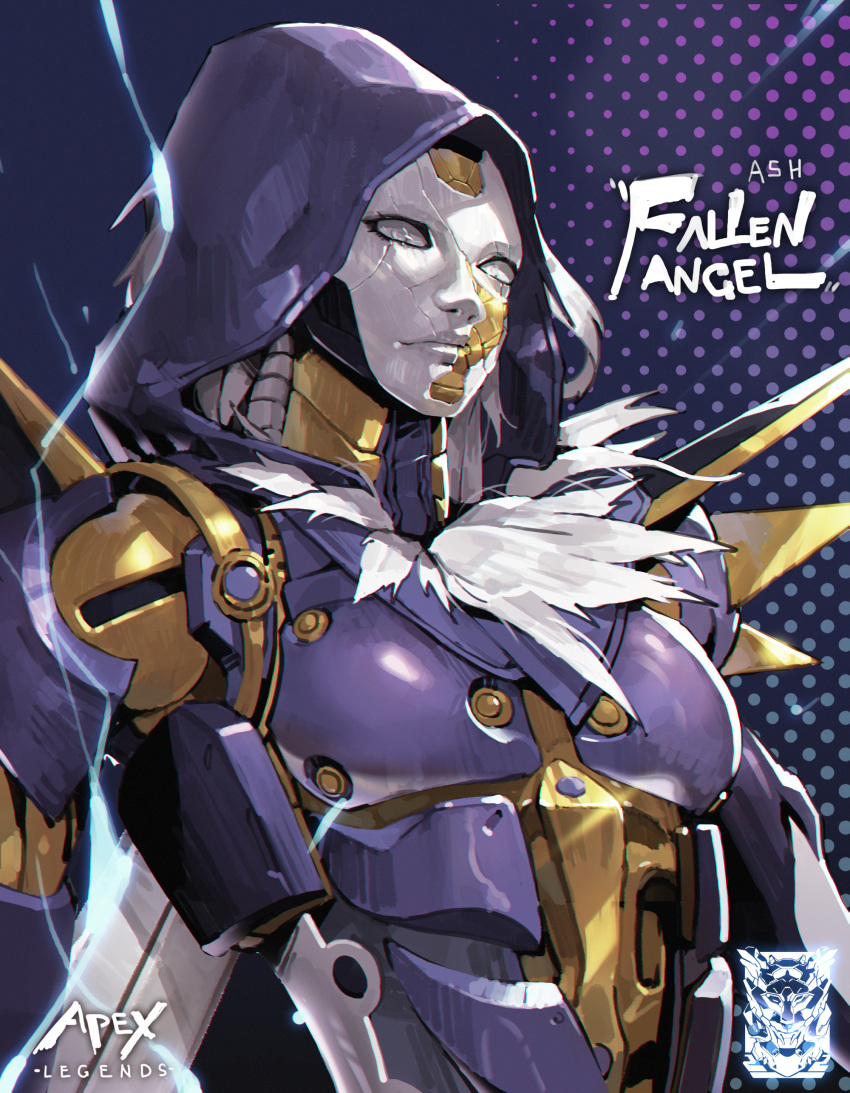 1girl absurdres android apex_legends ash_(titanfall_2) blue_background character_name copyright_name electricity english_commentary fallen_angel_ash fur_trim highres hood hood_up looking_at_viewer mar10 metal_skin official_alternate_costume simulacrum_(titanfall) solo upper_body white_eyes