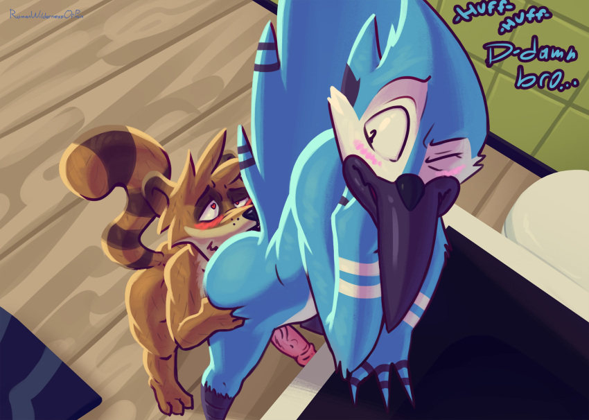 &lt;3 &lt;3_eyes 3_toes against_surface anal anthro avian bird blue_body blue_feathers blue_jay blush brown_body brown_fur cartoon_network corvid cross-eyed dialogue duo english_text erection feathers feet fur genitals hand_on_butt hi_res high-angle_view horny jay_(bird) leaning male male/male mammal markings mordecai_(regular_show) new_world_jay nude one_eye_closed oral oscine passerine penis procyonid raccoon regular_show rigby_(regular_show) rimming romanwildernessofpain sex signature standing striped_markings striped_tail stripes tail_markings text toes vein veiny_penis white_body white_feathers