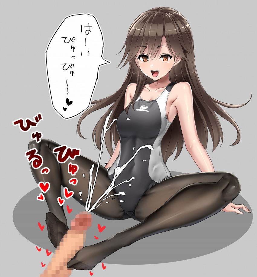 1boy 1girl 79g admiral_(kancolle) arashio_(kancolle) arashio_kai_ni_(kancolle) bdsm black_one-piece_swimsuit black_pantyhose breasts brown_hair censored commission competition_swimsuit covered_navel cum cum_on_body cum_on_clothes ejaculation feet footjob hetero highres indian_style kantai_collection legs long_hair navel no_shoes one-piece_swimsuit open_mouth orange_hair pantyhose penis profanity sadism silver_one-piece_swimsuit simple_background sitting skeb_commission small_breasts smile soles swimsuit teeth toes translation_request two-tone_swimsuit