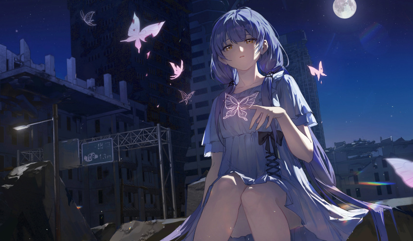 1girl absurdres bangs black_bow blue_dress bow bug butterfly chinese_commentary city cityscape commentary_request debris dress feet_out_of_frame full_moon hand_up highres lamppost moon night open_mouth orange_eyes quad_tails road_sign ruins short_sleeves sign sitting solo truss vocaloid xingchen zhongmu