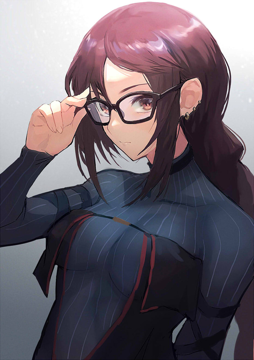 1girl arm_strap black_dress blue_dress braid braided_ponytail breasts brown_eyes brown_hair center_opening dress earrings fate/grand_order fate_(series) glasses grey_dress highres jewelry layered_dress long_hair long_sleeves medium_breasts multiple_earrings otsukemono ribbed_dress ribbon-trimmed_dress single_braid solo very_long_hair yu_mei-ren_(fate) yu_mei-ren_(first_ascension)_(fate)