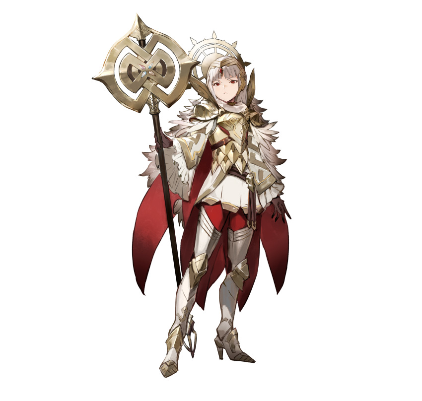 1girl absurdres armor black_gloves boots cape feather_trim fire_emblem fire_emblem_heroes gloves gold_trim high_heel_boots high_heels highres holding holding_staff leggings long_hair looking_at_viewer official_alternate_costume official_art red_cape red_eyes red_leggings solo spiked_hair staff tachi-e veronica_(brave_princess)_(resplindent)_(fire_emblem) veronica_(fire_emblem) white_hair