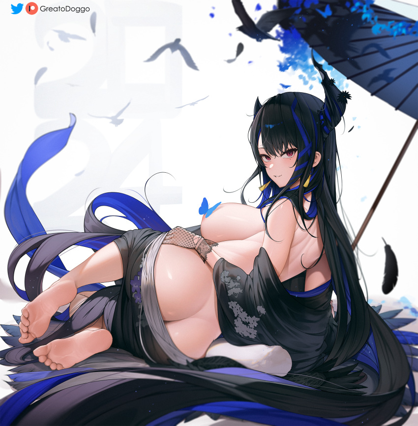 1girl ass asymmetrical_horns barefoot bird black_hair blue_hair breasts bug butterfly colored_inner_hair feather-trimmed_kimono feathers fishnet_gloves fishnets gloves greatodoggo highres holding holding_umbrella hololive hololive_english horns large_breasts lying mole mole_under_eye multicolored_hair nerissa_ravencroft nerissa_ravencroft_(new_year) on_side parasol red_eyes simple_background solo streaked_hair thighs umbrella uneven_horns white_background