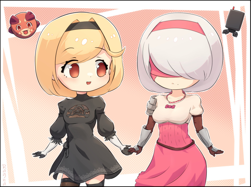 2b_(nier:automata) 2b_(nier:automata)_(cosplay) 2girls absurdres armor ball black_dress black_gloves black_hairband black_thighhighs blonde_hair bow brown_eyes brown_gloves chibi cosplay cowboy_shot djeeta_(granblue_fantasy) dotted_background dress eyes_visible_through_hair fighter_(granblue_fantasy) gloves granblue_fantasy hairband highres looking_at_another metal_gloves multiple_girls nier:automata nier_(series) pauldrons pink_background pink_blindfold pink_bow pink_dress pink_hairband pod_(nier:automata) puffy_sleeves ragnarathered robot shirt short_hair shoulder_armor side_slit single_pauldron thighhighs vyrn_(granblue_fantasy) white_hair white_shirt zettai_ryouiki