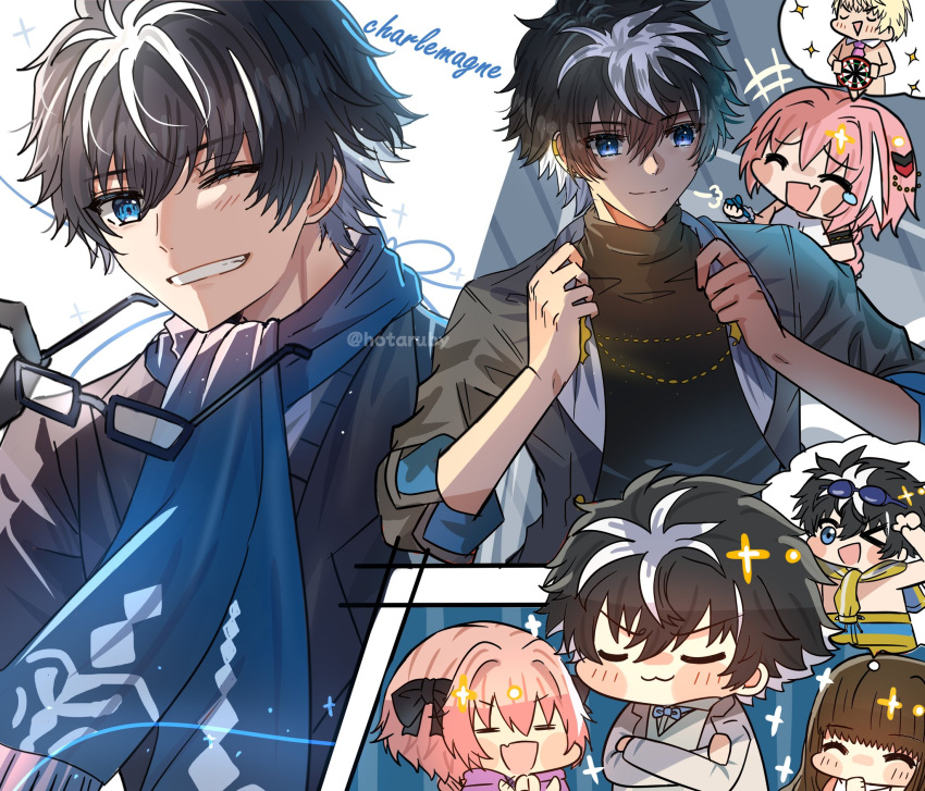 &gt;_o 1girl 3boys :3 ^_^ adjusting_clothes alternate_costume astolfo_(fate) astolfo_(memories_at_trifas)_(fate) black-framed_eyewear black_bow black_hair black_sweater blue_eyes blue_scarf bow brown_hair character_name charlemagne_(brave_king's_surf_shorts)_(fate) charlemagne_(fate) chibi closed_eyes closed_mouth crossed_arms cursive dartboard english_commentary eyewear_on_head fate/extella fate/extra fate/grand_order fate_(series) grey_jacket grin hair_bow happy_tears highres holding holding_removed_eyewear hotaruby jacket kishinami_hakuno_(female) laughing light_blush looking_at_viewer male_focus multicolored_hair multiple_boys one_eye_closed open_clothes open_jacket pink_hair roland_(fate) scarf short_hair smile smug solo_focus sweater tearing_up tears turtleneck turtleneck_sweater twitter_username two-tone_hair unworn_eyewear upper_body white_hair