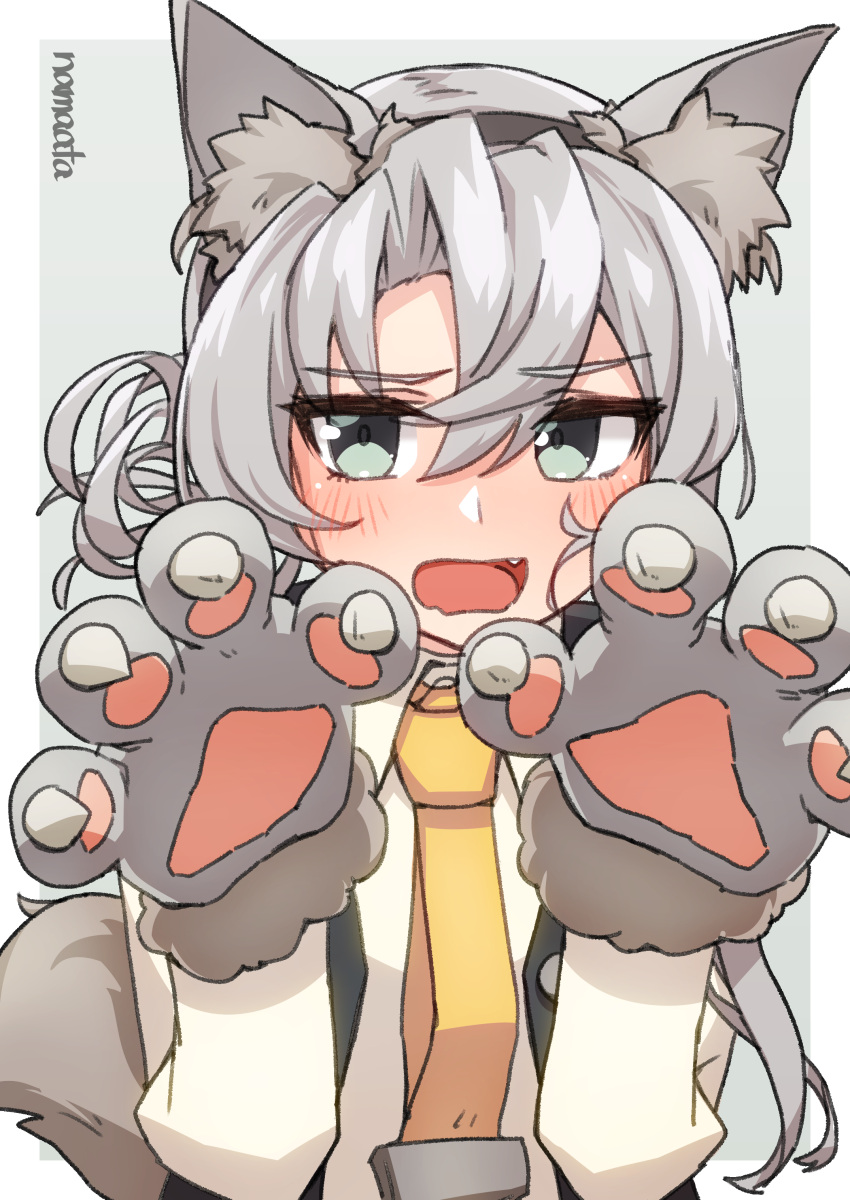 1girl absurdres animal_ear_fluff animal_ears animal_hands bangs black_vest blush commentary_request fake_animal_ears fang gloves grey_eyes grey_hair hair_between_eyes halloween_costume highres kantai_collection long_sleeves looking_at_viewer namaata necktie nowaki_(kancolle) open_mouth paw_gloves shirt simple_background solo upper_body vest white_shirt yellow_necktie