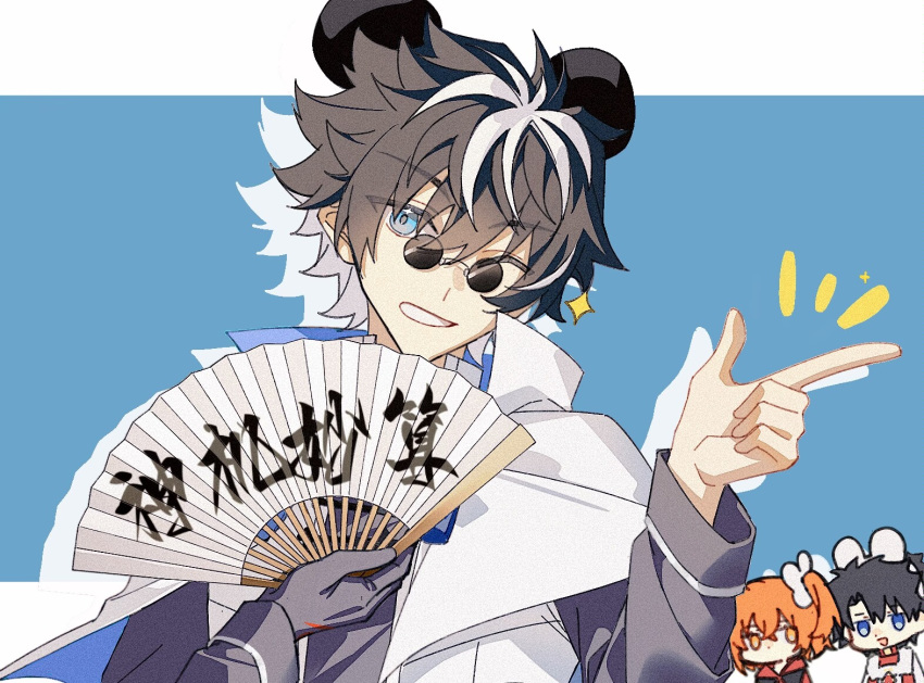 1girl 2boys animal_ears bear_ears black_hair blue_background blue_eyes cape charlemagne_(fate) fake_animal_ears fate/grand_order fate_(series) folding_fan fujimaru_ritsuka_(female) fujimaru_ritsuka_(male) grin hand_fan holding holding_fan idass_(idass16) long_sleeves looking_at_viewer male_focus multiple_boys one_eye_closed orange_eyes orange_hair pointing round_eyewear short_hair simple_background smile solo_focus sunglasses two-tone_background white_background white_cape white_hair