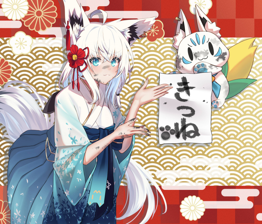 1girl absurdres ahoge animal_ear_fluff animal_ears aqua_eyes blue_hakama blue_kimono braid commentary_request dirty dirty_face dirty_hands earrings flower flower_knot fox_ears fox_girl gradient_kimono hair_between_eyes hair_flower hair_ornament hakama hakama_skirt high-waist_skirt highres hololive japanese_clothes jewelry kanzashi kimono long_hair obi paper paw_print pentagram red_flower sash shirakami_fubuki shirakami_fubuki_(new_year) side_braid sidelocks single_earring skirt solo sukonbu_(shirakami_fubuki) ta_shiuji30 tassel tassel_hair_ornament translation_request very_long_hair virtual_youtuber white_hair white_kimono