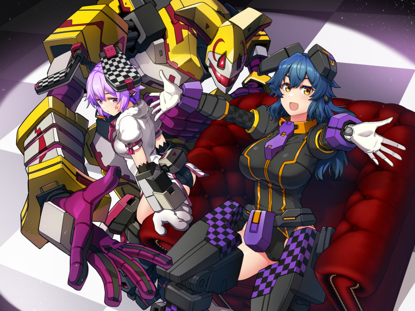 2girls animal_ears bike_shorts blue_hair breasts cosmic_break couch domiclown evil_grin evil_smile facial_tattoo fake_animal_ears grin highres jester large_breasts long_hair mecha mecha_musume medium_breasts multiple_girls open_mouth panties_under_bike_shorts patty_lop purple_hair rabbit_ears red_eyes renny_lop robot robot_ears short_hair sitting smile tattoo tsukinami_kousuke yellow_eyes