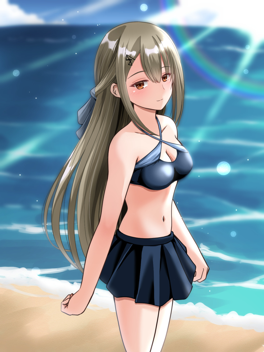 1girl beach bikini bikini_skirt blue_bikini blue_bow blue_sky blush bow breasts brown_eyes cleavage cleavage_cutout clenched_hands closed_mouth clothing_cutout cloud commentary criss-cross_halter day fujino_shiroha grey_hair hair_between_eyes hair_bow half_updo halterneck highres lens_flare light_rays long_hair looking_at_viewer medium_breasts multiple_hairpins navel nue_no_onmyouji ocean outdoors parted_bangs sidelocks sideways_glance sky smile solo standing sunbeam sunlight swimsuit thighs three_quarter_view zakiwo_(rrxn8224)