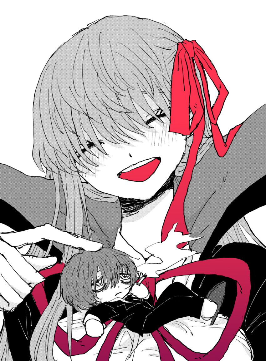 1boy 1girl bags_under_eyes bb_(fate) bb_(fate/extra) blush breasts chibi cigarette closed_eyes closed_mouth collared_shirt crossover fate/extra fate/extra_ccc fate_(series) frown fujimi_mio greyscale hair_over_eyes hair_ribbon hand_up head_rub head_tilt high_collar highres hitomi_hirosuke_(sayonara_wo_oshiete) holding holding_cigarette jacket large_breasts long_hair looking_at_another lying_on_person mini_person miniboy monochrome neck_ribbon necktie open_mouth pants red_ribbon red_tongue ribbon sayonara_wo_oshiete screentones shirt short_hair simple_background single_sidelock smile smoking spot_color suit suit_jacket upper_body