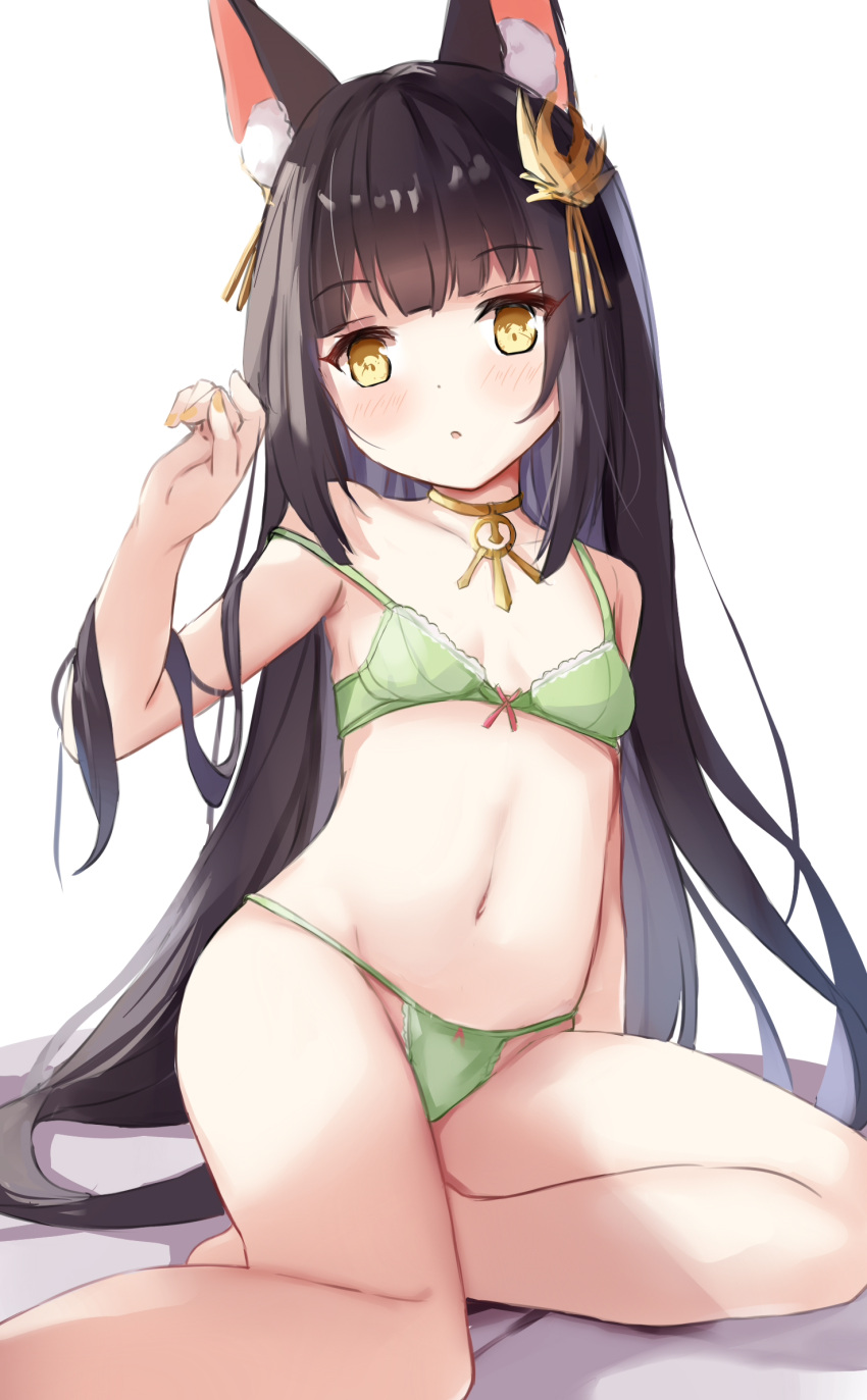 1girl animal_ear_fluff animal_ears arm_support azur_lane bare_legs bird_hair_ornament black_hair blush bow bow_bra bow_panties bra breasts chinese_commentary collarbone commentary_request fox_ears fox_girl green_bra green_panties hair_ornament hamiro highres jewelry lace-trimmed_bra lace_trim long_hair looking_at_viewer nagato_(azur_lane) nail_polish navel necklace panties parted_lips red_ribbon revision ribbon sitting small_breasts solo stomach straight_hair strap_slip string_panties thighs underwear very_long_hair yellow_eyes yellow_nails yokozuwari