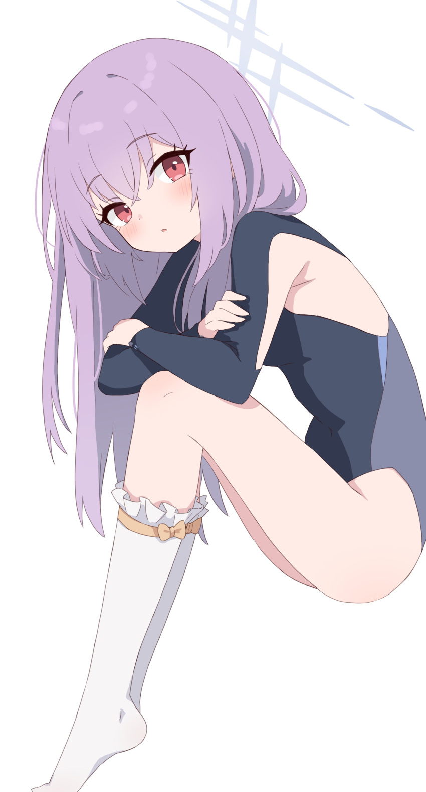 1girl absurdres armpit_crease armpit_cutout atsuko_(blue_archive) blue_archive blue_leotard clothing_cutout commentary frilled_socks frills from_side halo highres knees_up leotard light_blush long_hair looking_at_viewer purple_hair red_eyes ribbon ribbon-trimmed_legwear ribbon_trim simple_background sitting socks solo thighs white_background white_socks yellow_ribbon yukisiannn