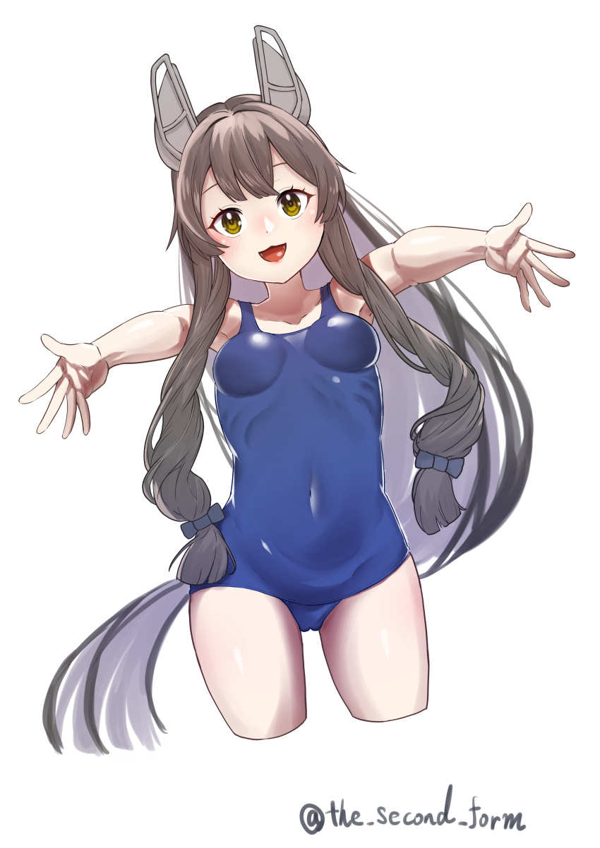 1girl :3 absurdres black_hair blue_one-piece_swimsuit cowboy_shot cropped_legs green_eyes hair_ribbon headgear highres i-47_(kancolle) kantai_collection long_hair low-tied_long_hair old_school_swimsuit one-hour_drawing_challenge one-piece_swimsuit outstretched_arms ribbon school_swimsuit simple_background smile solo swimsuit the_second_form tress_ribbon white_background