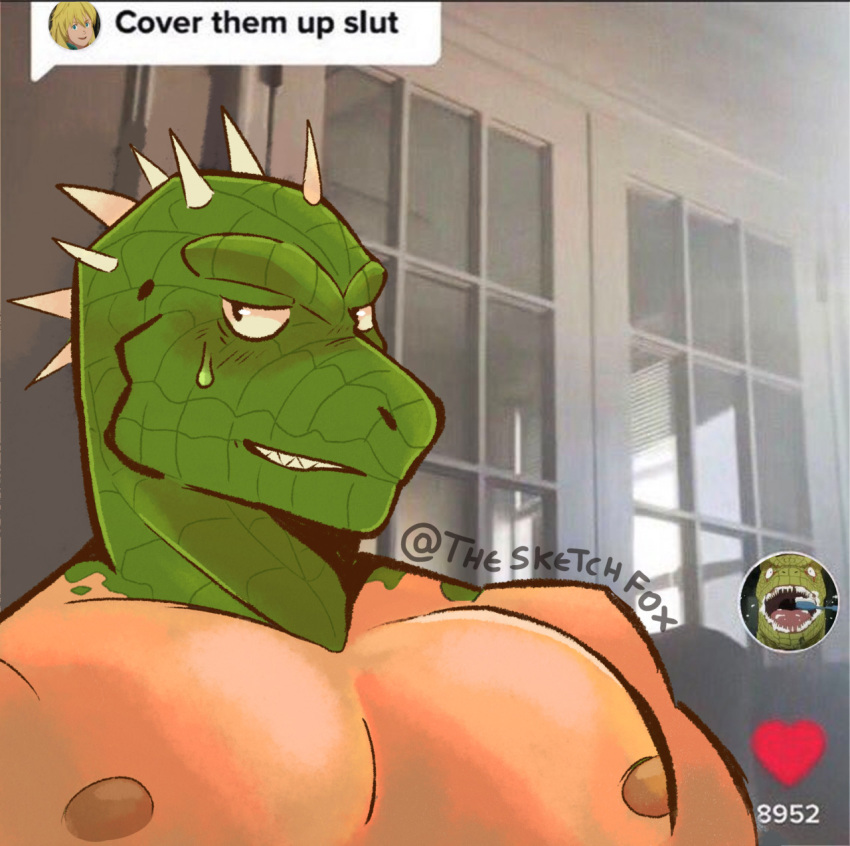 1boy animal_head bara caiman_(dorohedoro) cover_them_up_slut_(meme) dialogue_box dorohedoro green_scales highres large_pectorals looking_at_viewer male_focus meme muscular muscular_male nipples nude pectorals reptile_boy solo sweatdrop thesketchfox upper_body user_interface