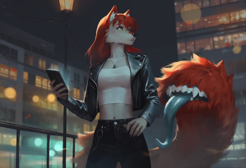 ahya_(legend_of_ahya) anthro bottomwear building canid canine canis cellphone chain chain_necklace city city_background cityscape clothing crop_top denim denim_bottomwear denim_clothing electronics eruca female heterochromia jacket jeans jewelry lamp leather leather_clothing leather_jacket leather_topwear legend_of_ahya lights mammal midriff necklace night pants phone railing shirt solo street_lamp tail tail_mouth taylor_renee_wolford_(darkflamewolf) teeth teeth_showing tongue tongue_out topwear unusual_anatomy unusual_tail wolf