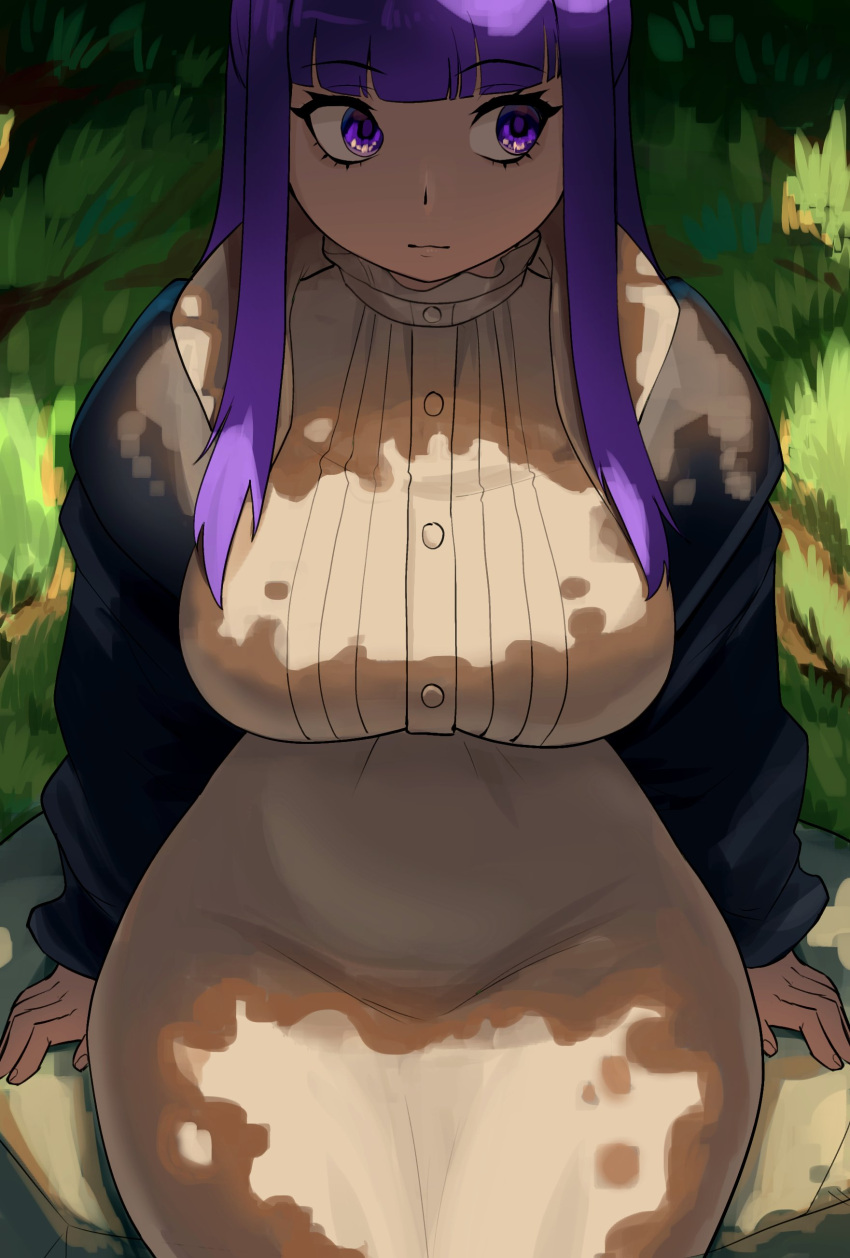 1girl absurdres black_robe breasts collar commentary curvy cut_bangs dappled_sunlight day dildo_reveal dress english_commentary fern_(sousou_no_frieren) frilled_collar frills highres large_breasts long_hair long_sleeves off_shoulder purple_eyes purple_hair rajah_(dajah) robe sitting solo sousou_no_frieren straight_hair sunlight white_dress