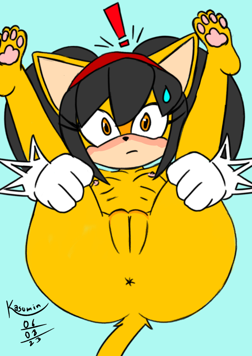 absurd_res accessory animal_humanoid anthro anus black_hair bodily_fluids breasts cat_humanoid clothing domestic_cat exclamation_point fat_mons felid felid_humanoid feline feline_humanoid felis female genitals gloves hair handwear hi_res honey_the_cat humanoid innie_pussy kasumin_(artist) legs_up looking_at_viewer mammal mammal_humanoid nipples pawpads paws pussy sega small_breasts solo sonic_the_fighters sonic_the_hedgehog_(series) spread_legs spreading sweat sweatdrop underwear yellow_body yellow_eyes